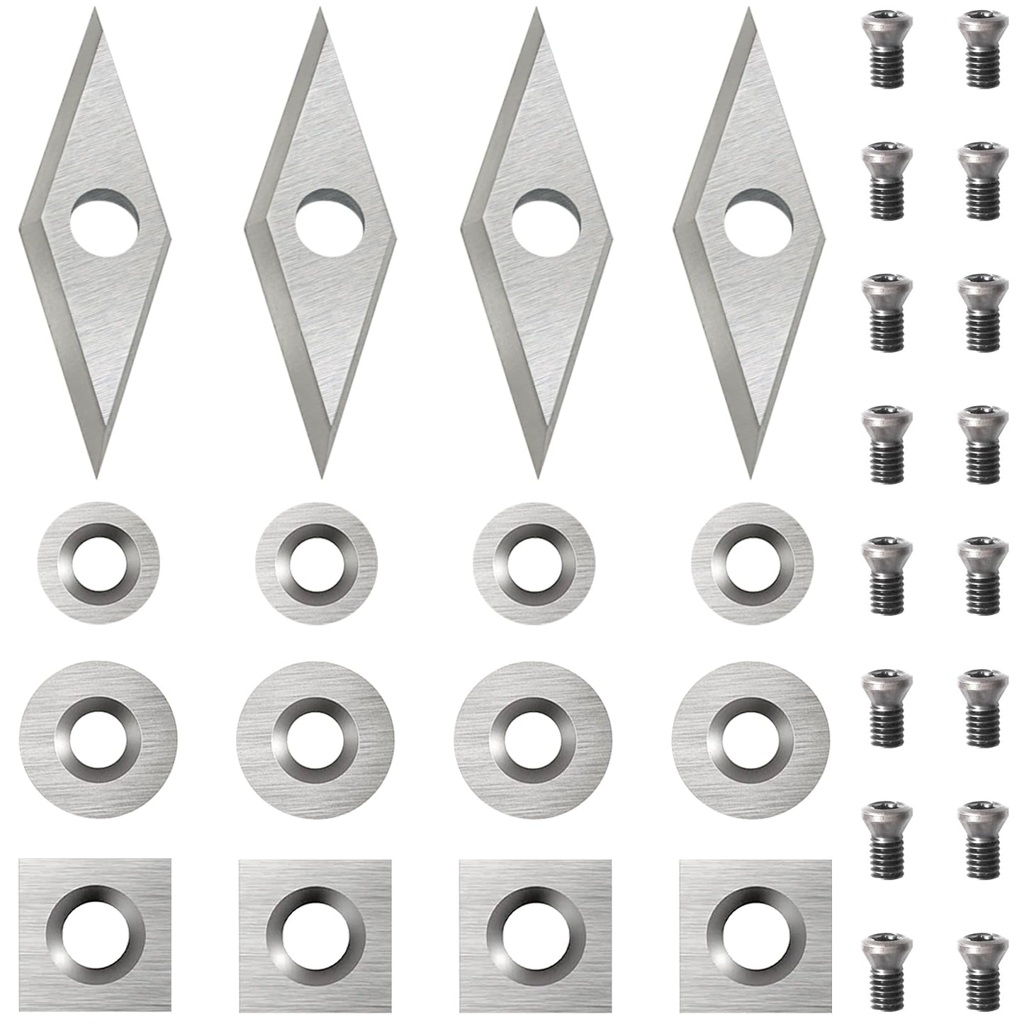 Diraeen 32pcs Carbide Lathe Tools,Tungsten Cutters Inserts Set for Wood Lathe Turning Tools, Include 11 mm Square with Radius, 12 mm and 8.9 mm Round, 30 x 10 mm Diamond,Screws