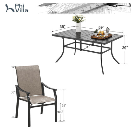 PHI VILLA Patio Dining Table and Chairs for 6,Outdoor Chairs with Textilene Fabric,Quick-Dry and Waterproof,Large Metal Table with Umbrella Hole,Durable and Sturdy for Outside,Garden,Yard