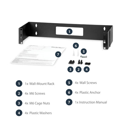 StarTech.com 2U Hinged Wall Mount Patch Panel Bracket - 6 inch Deep - 19" Patch Panel Swing Rack for Shallow Network Equipment- 22lbs (WALLMOUNTH2), Black