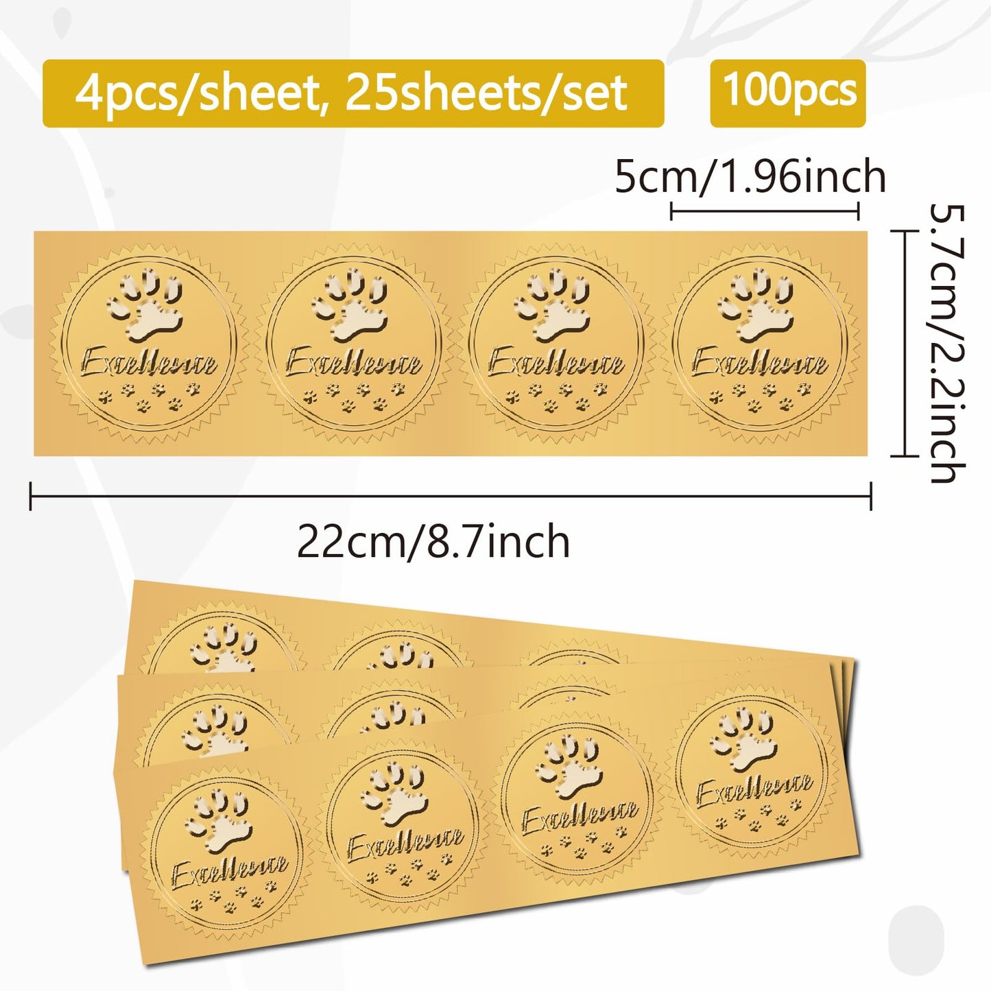 CRASPIRE Dog Paw Print Gold Foil Embossed Certificates Stickers 2" Self Adhesive Excellence Envelopes Seals Round Labels for Award Wedding Invitation Graduation Corporate Diplomas Gift Wrapping Decor