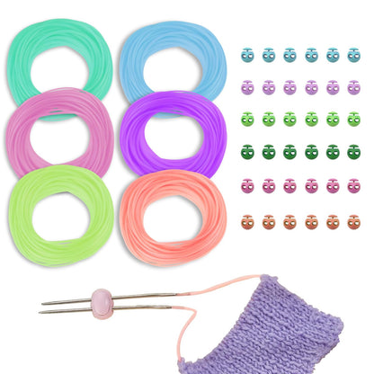 GeryVtee Cord Lock Kit Knitting Stitches Holder Barber Cord Stitch Markers Knit Stiches Keeper 36 Pcs Silicone Stitch Holders & 6 Rolls Round Barber Cords for Knitting Projects