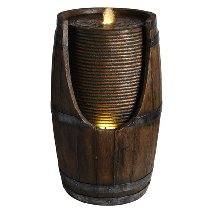 mdj pottery 24.8" Tall Outdoor Water Fountain, Rustic Barrel Style Cascading Resin Waterfall with Warm LED Lights, Weather-Resistant Patio Fountain for Patio Yard Porch - Brown Gray
