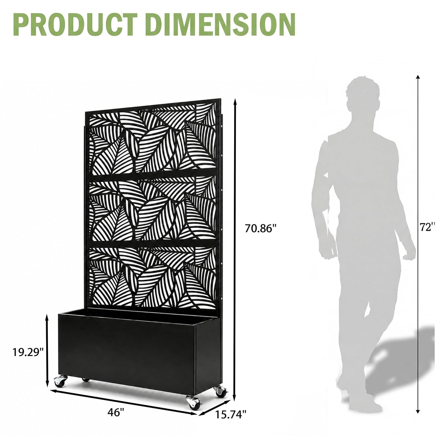 Veemuaro Metal Planter Box with Trellis, 70" H × 46" L Freestanding Outdoor Raised Garden Bed with Privacy Screen, Wheels and Drainage Holes, Leaf Privacy Screen Planter Box for Garden, 2PCS
