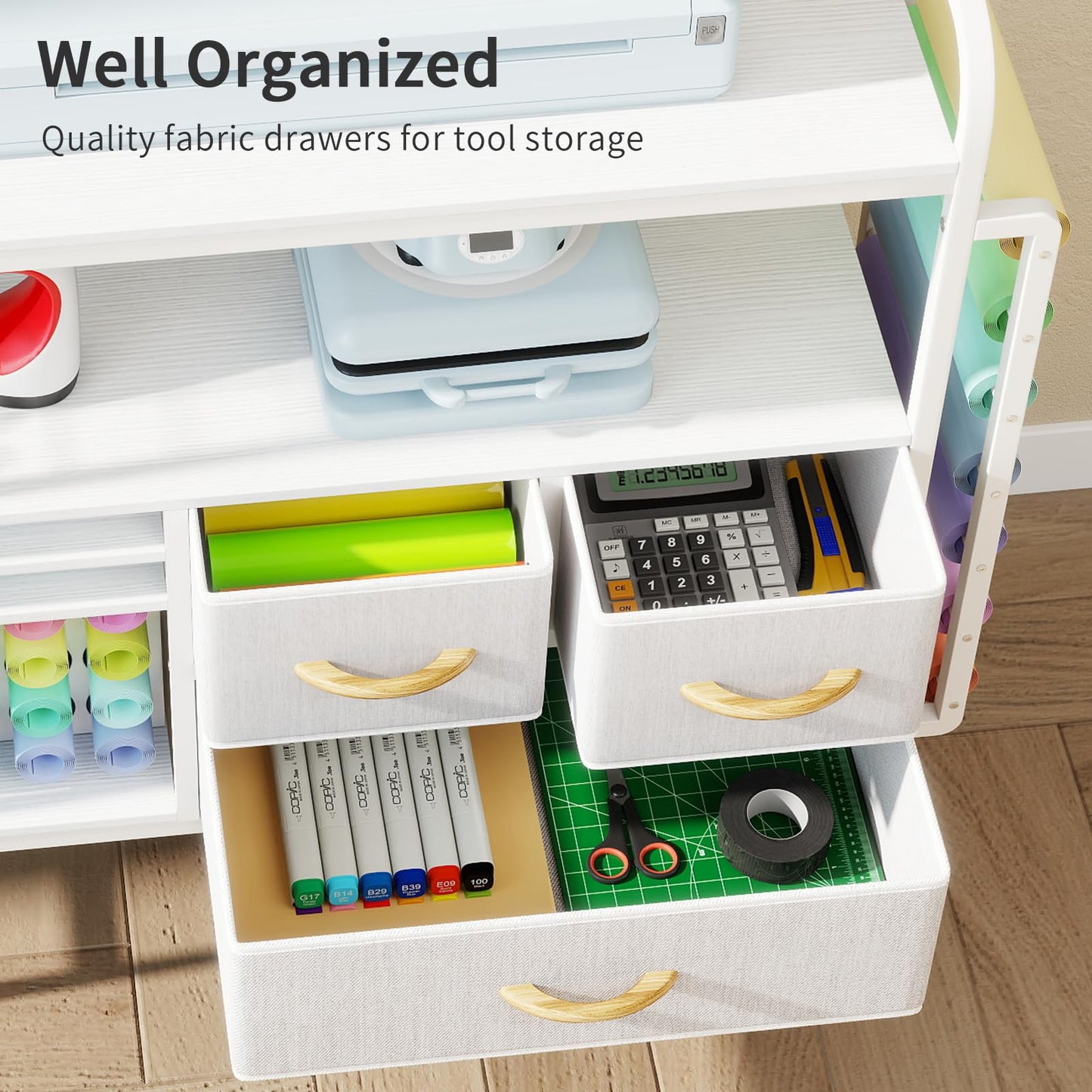 Hadulcet Large Heat Press Table with Storage - Rolling Craft Cart Organizer, Vinyl Roll Holder & Cricut-Compatible Workstation for DIY Sublimation, T-Shirt, Cap, Mug Projects (White)