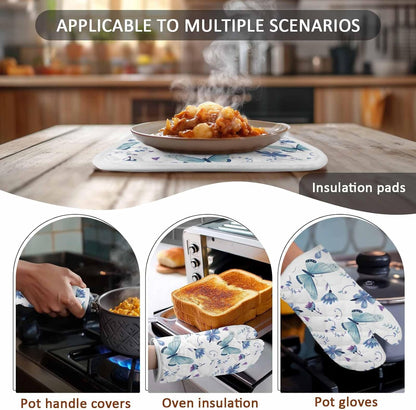 Chic D Kitchen Oven Mitts Gloves and Pot Holders Sets, Blue Butterfly Flowers Heat Resistant Non-Slip for Cooking, BBQ,