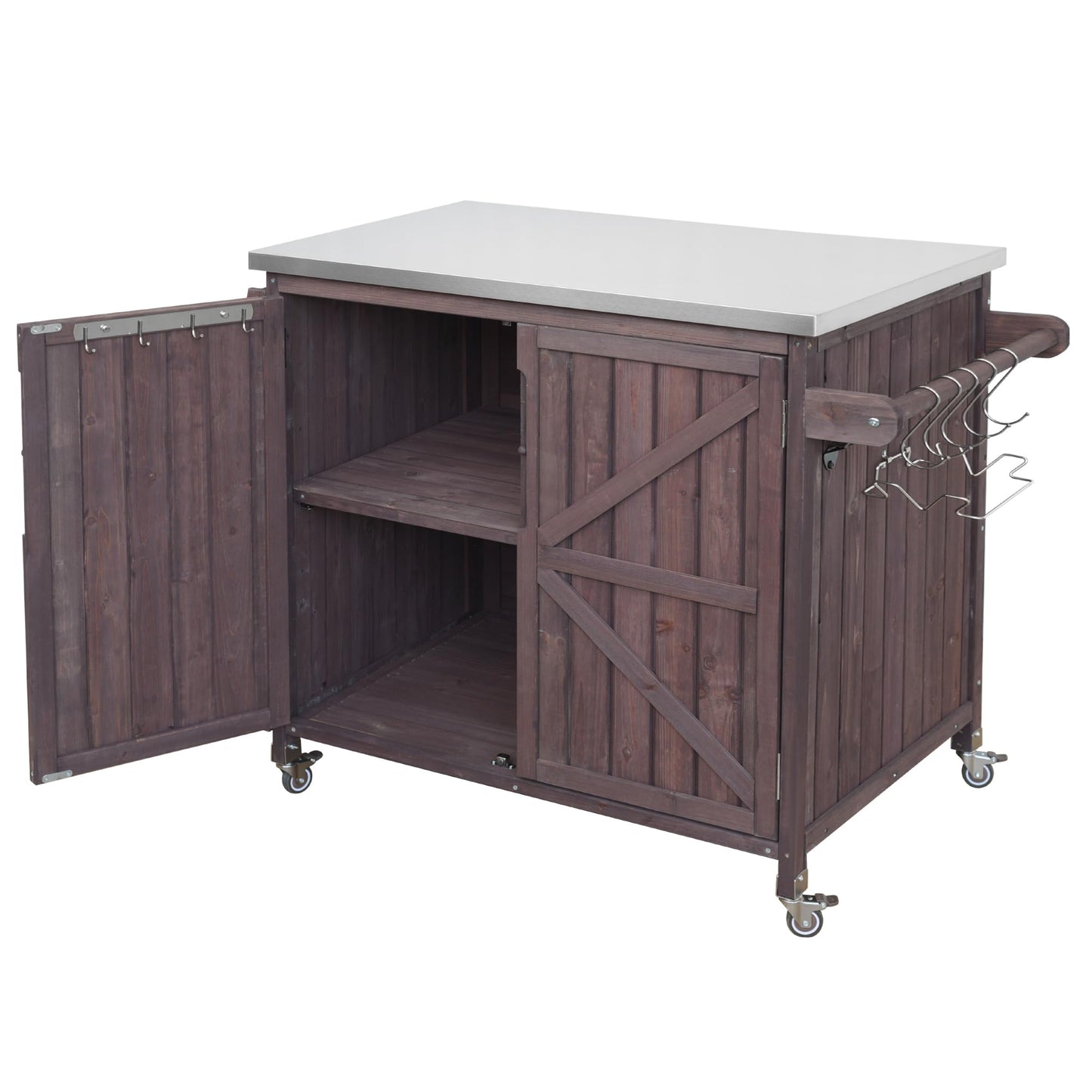 Merax Farmhouse 42." Grill Cart with Stainless Steel Top & Side Shelf, Outdoor Grill Station w/Adjustable Shelf & Lockable Wheels, Modular Kitchen Island for Food Prep & BBQ, Dark Brown
