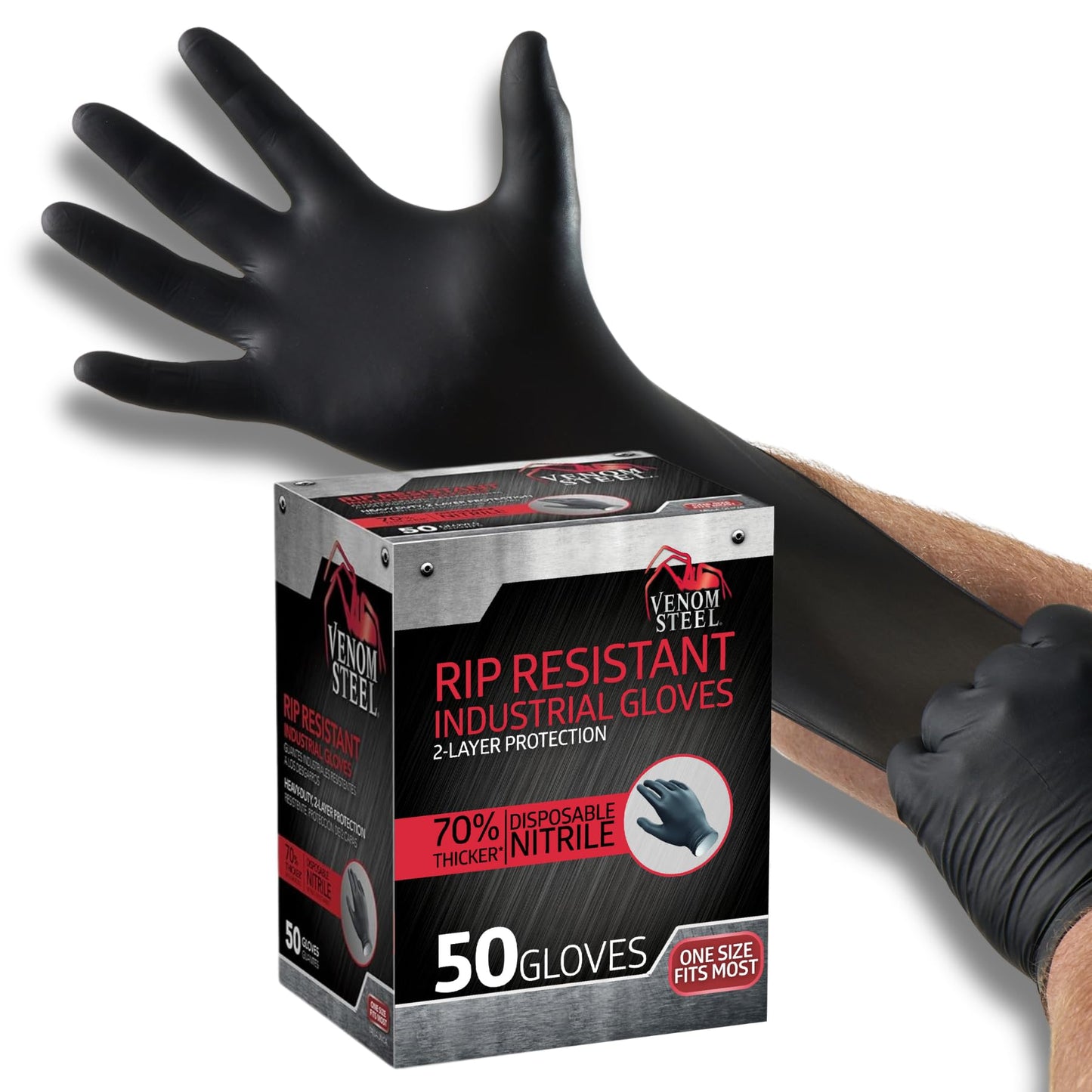Venom Steel Industrial Nitrile Gloves, Chemical Resistant Disposable Black Gloves, Latex-Free, Powder-Free, Textured Grip, Heavy Duty Two-Layer Protection, 6 mil, One Size Fits Most, 50 Count