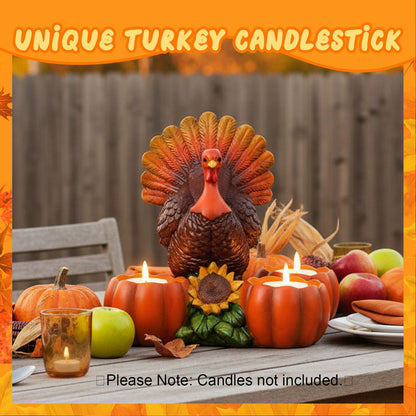 Thanksgiving Turkey Tealight Candle Holder with 3 Pumpkin & Sunflower Decor, Thanksgiving Table Centerpieces Autumn Votive Candle Holder Turkey Figurine for Fall Home Decor