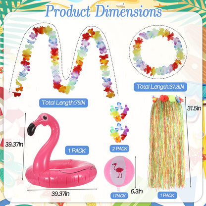 7Pcs Summer Hawaiian 12 ft Skeleton Costume Accessories Include Inflatable Flamingo Swimming Ring Hawaiian Hula Grass Skirt Beach Ball Wristbands Flower Garlands for Garden Lawn Luau Party Decor