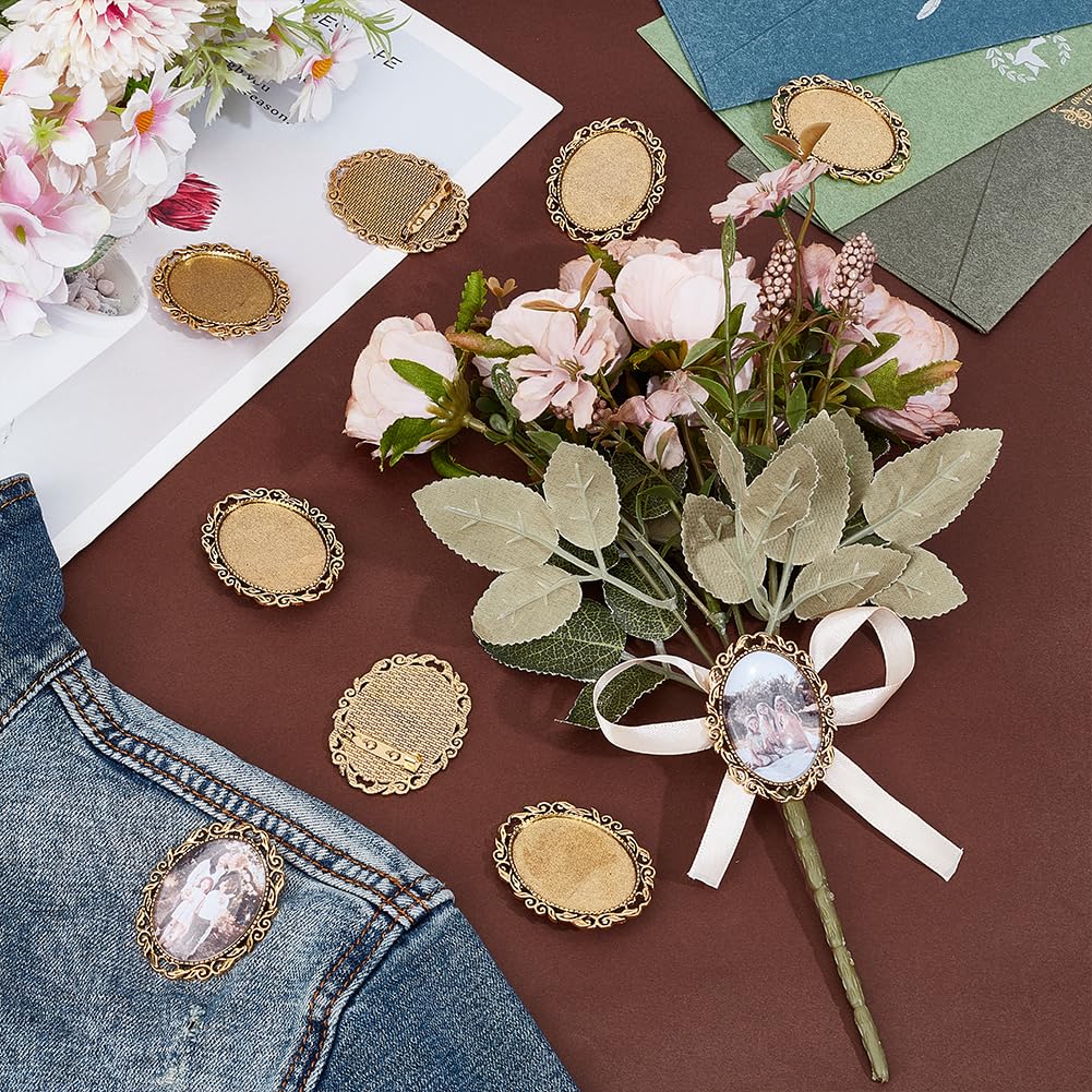 PH PandaHall 10pcs Brooch Cabochon Setting Vintage Brooch Blank Bezel Antique Gold Brooches Pins Trays Oval Cabochon Frame Photo Pin Base for Wedding Bridal Brooches Jewelry Making DIY Craft 51x40x2mm