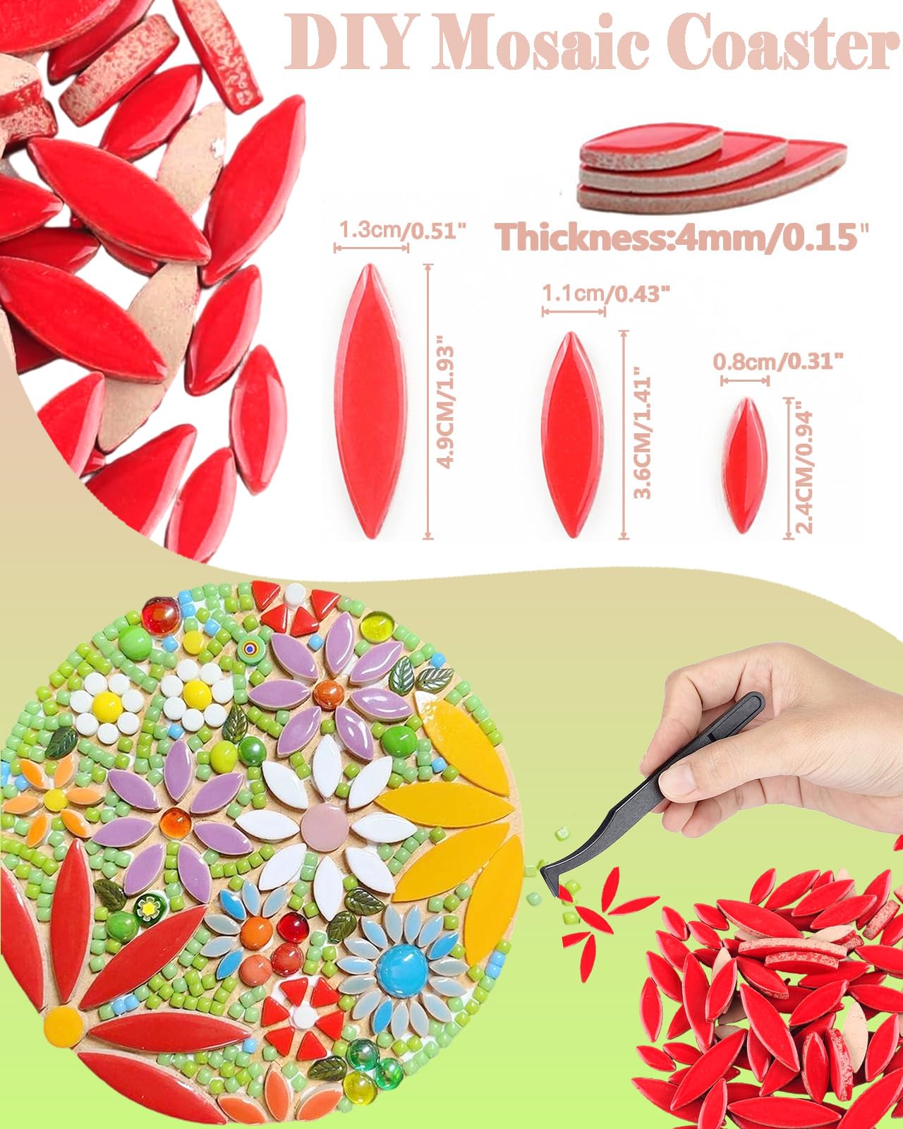 200g Ceramic Petals Bulk Mosaic Tiles for Craft, Small Oval Stepping Stone Kit, Glazed Porcelain Pieces for Coaster Tray House Number Mirror Lamp Home Decorations (Red)