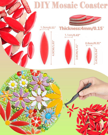 200g Ceramic Petals Bulk Mosaic Tiles for Craft, Small Oval Stepping Stone Kit, Glazed Porcelain Pieces for Coaster Tray House Number Mirror Lamp Home Decorations (Red)