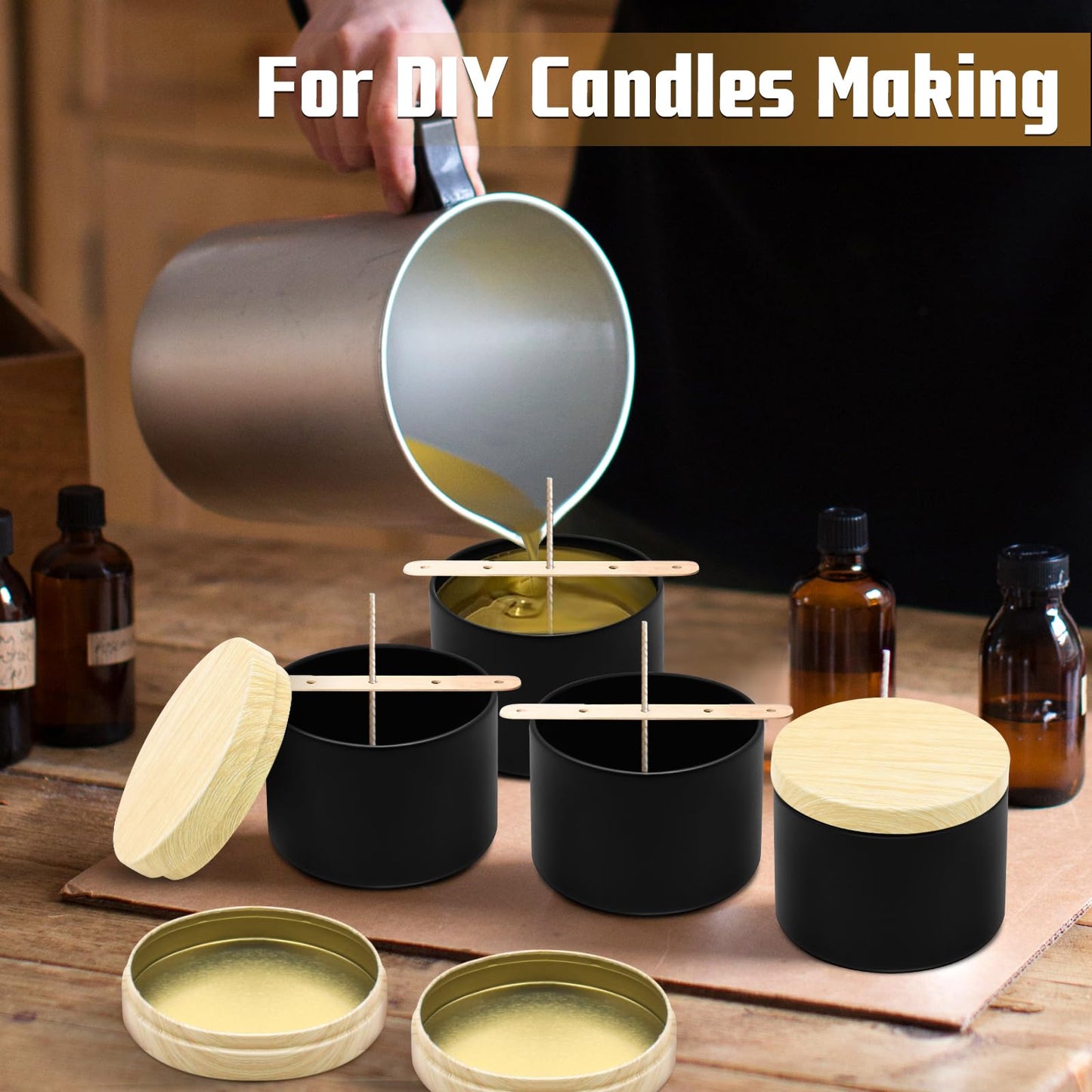 YJHSS 48-Pack Candle Jars, 24pcs 8oz + 24pcs 4oz Candle tins with Metal Wood-Grain Printing Lids, Empty Candle Jars for Making Candles Bulk Candle Containers-Black