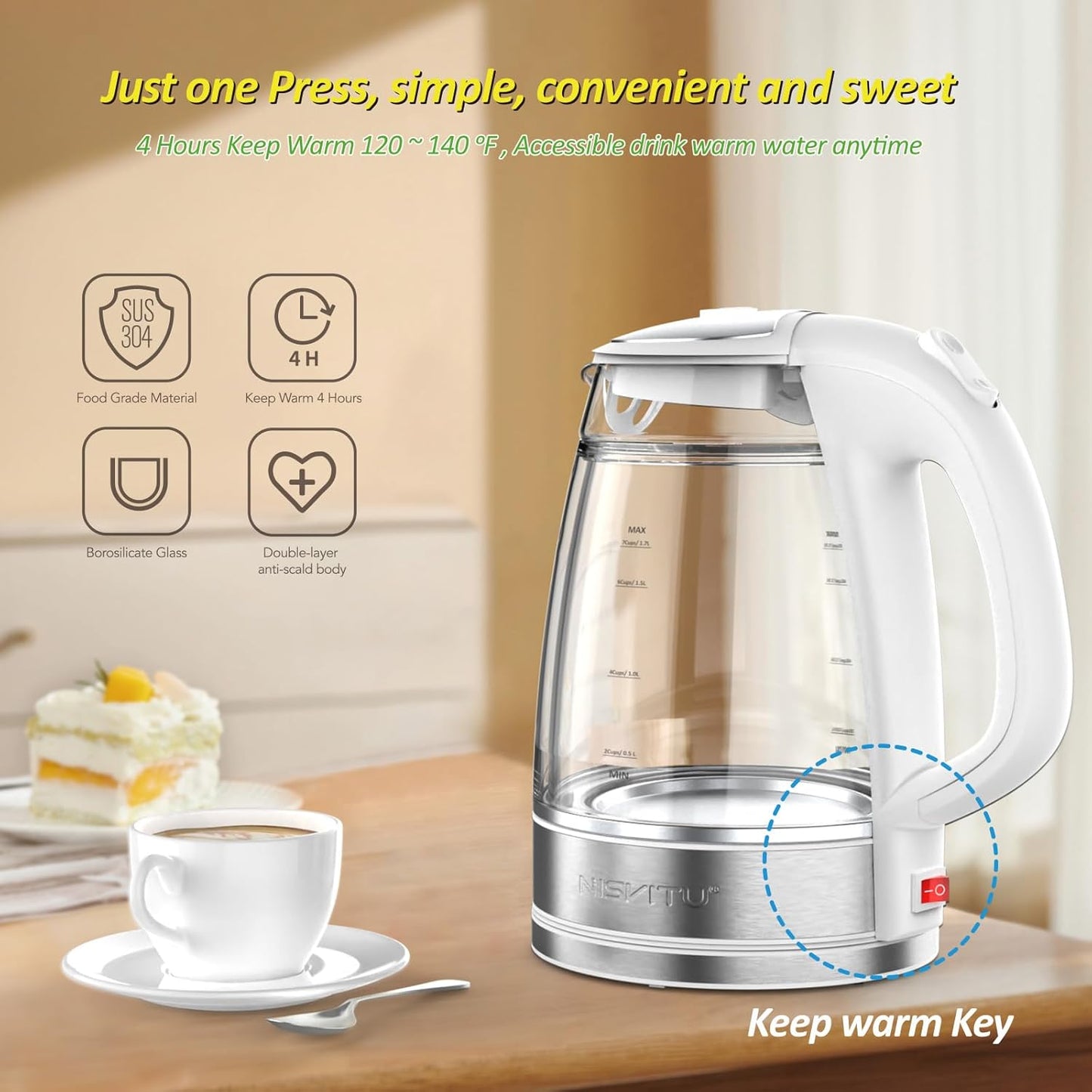 1500W, 1.7L, NISVITU Glass & Stainless Steel Cordless Electric kettle for boiling water, Hot water boiler Electric Tea