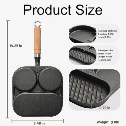 Egg Pan Omelette Pan, 3 Section Square Divided Breakfast Grill Pan with Solid Wood Handle, Nonstick Frying Pan for