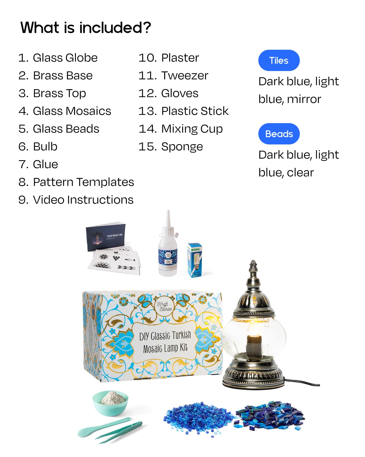 KRAFTSTORIES DIY Turkish Mosaic Lamp Kit – Create Your Own Colorful Glass Table Lamp | Handmade Arts & Crafts Kit for Adults | Moroccan Boho Unique Gift Idea, Includes All Materials (Blue)