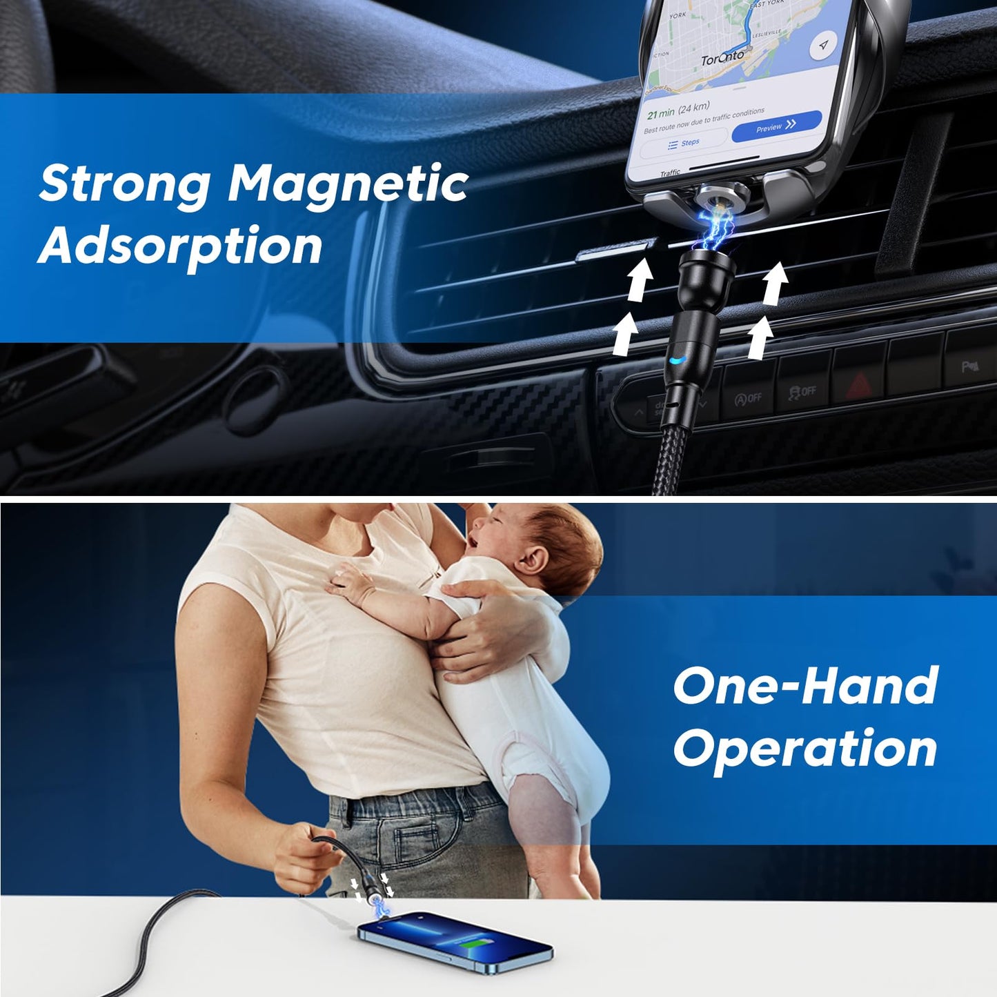 ODDADD Magnetic Charging Cable 5-Pack (1.6/3.3/3.3/6.6/6.6FT), 540° Rotating Magnetic Phone Charger Cable with LED Light for Micro USB, USB C and i-Product Device