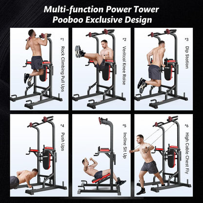 Power Tower Dip Station Pull Up Bar for Fitness Home Gym Workout,Multi-Function Adjustable Height Fitness Strength Training Exercise Equipment,with Power Elastic Ropes