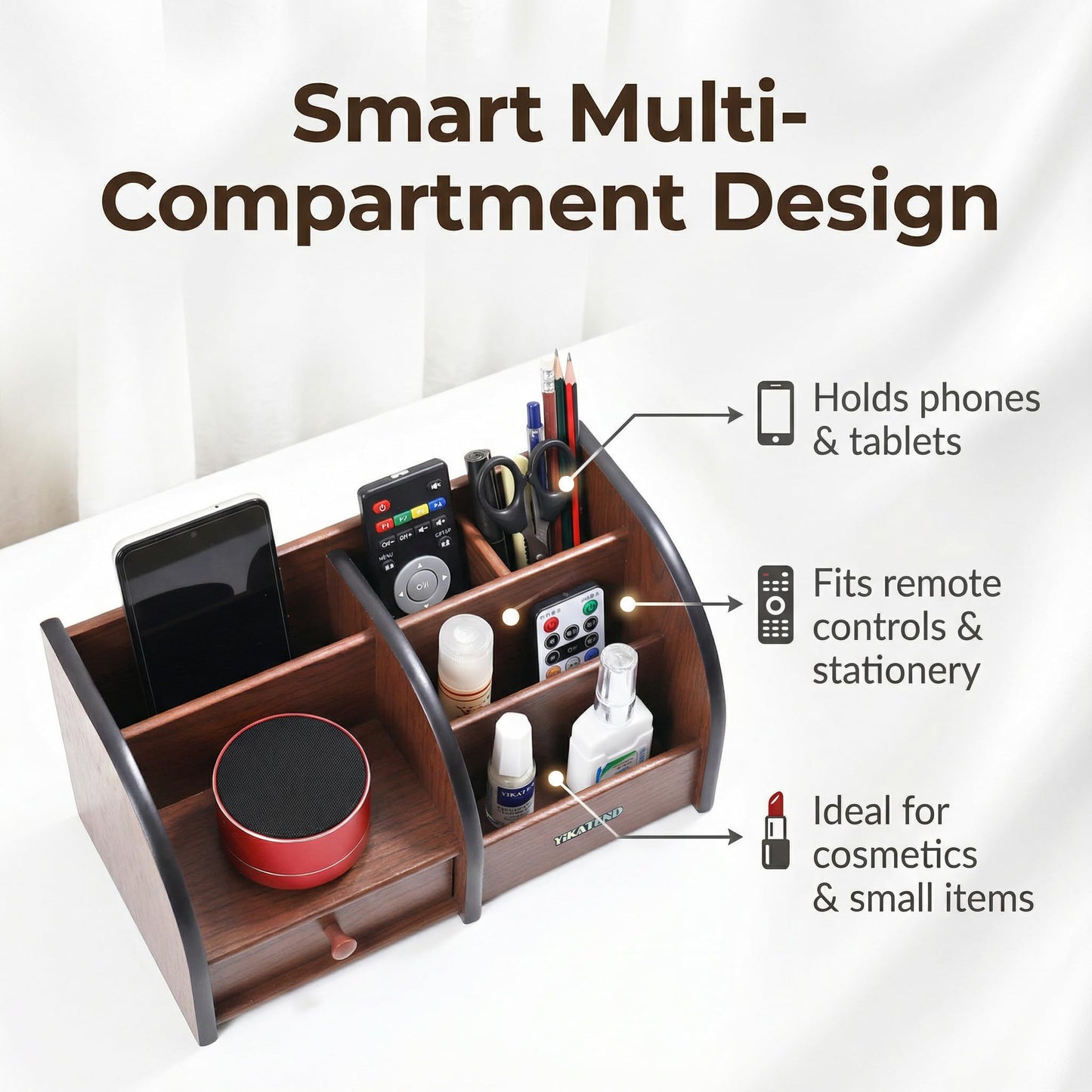 YIKATEND Wooden Desk Organizer with Drawer, Multi-Compartment Desktop Storage for Office Supplies, Remote Control, Phone, Makeup & Accessories