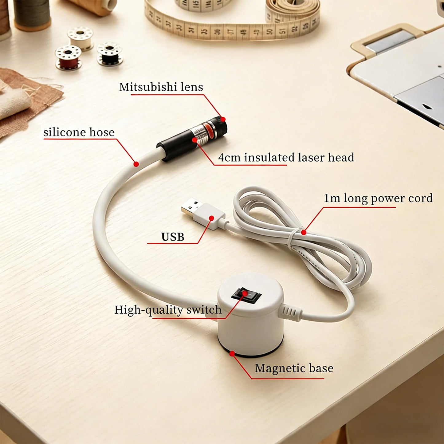Magnetic Sewing Machine Light - Red Cross-Line Seam Guide with Strong Magnetic Base, Flexible Gooseneck Arm & USB Power, Hands-Free Precision Quilting Light for Straight Stitching