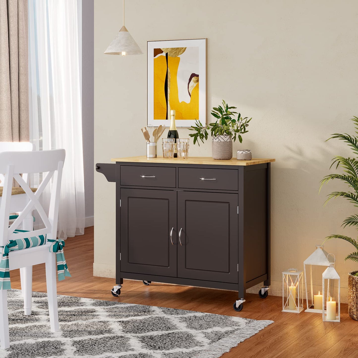 MEDIMALL Rolling Kitchen Island Cart, Utility Serving Cart with Drawers, Adjustable Shelf & Towel Rack, Mobile Island Table, Wooden Storage Trolley for Home, Restaurant & Bar, Rustic Brown