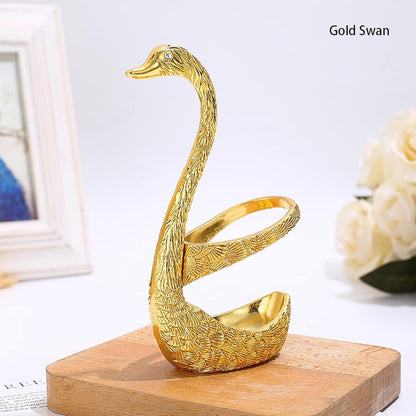 6pcs Coffee Spoon Set, Stainless Steel Mini Dessert Teaspoons with Swan Base Holder, Gold