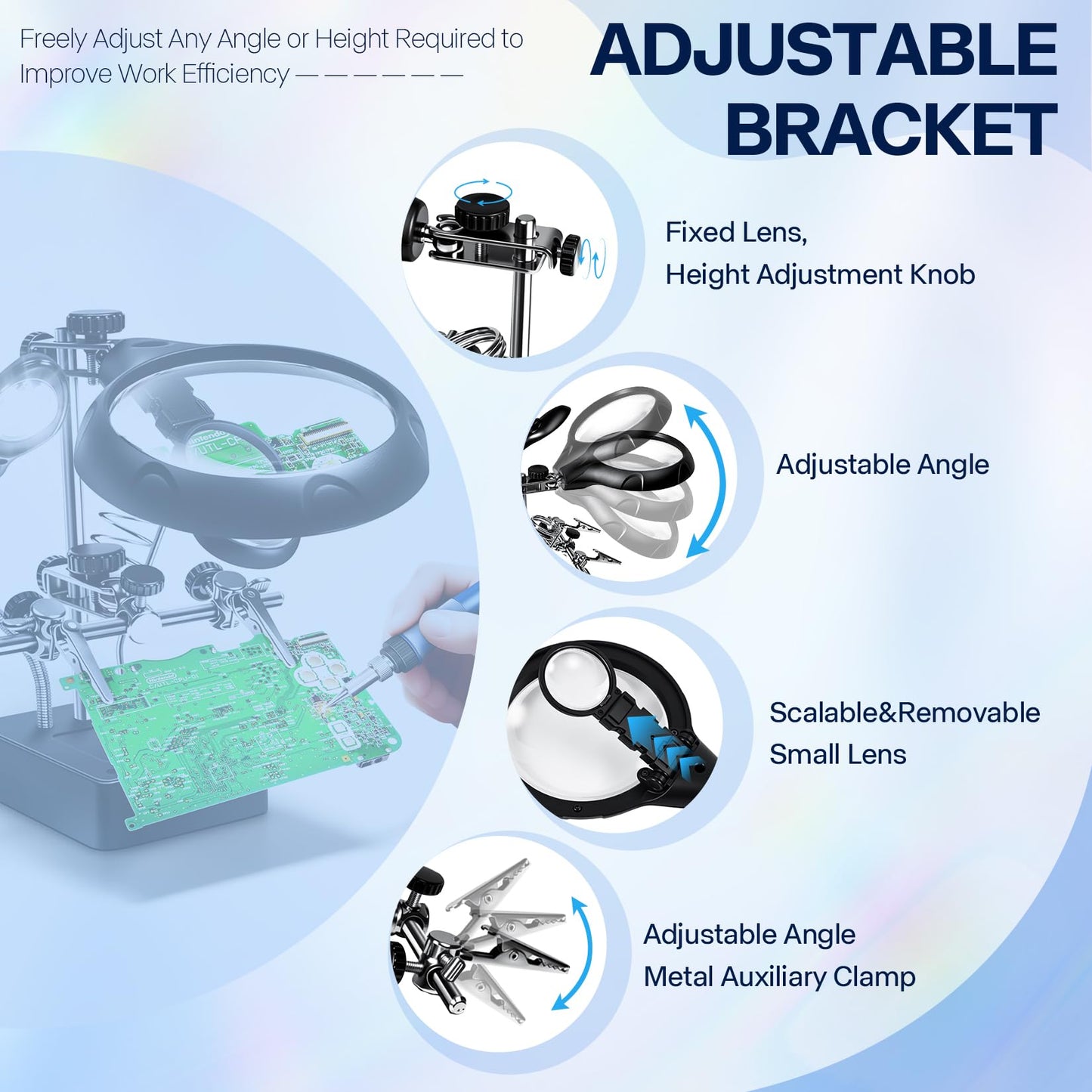 Helping Hands Magnifier Soldering Station with LED Light,LXIANGN 2.5X 7.5X 10X Desktop Magnifying Glass with Stand with Auxiliary Clamp for Miniature Painting,Model,Repair,Crafts,Hobby