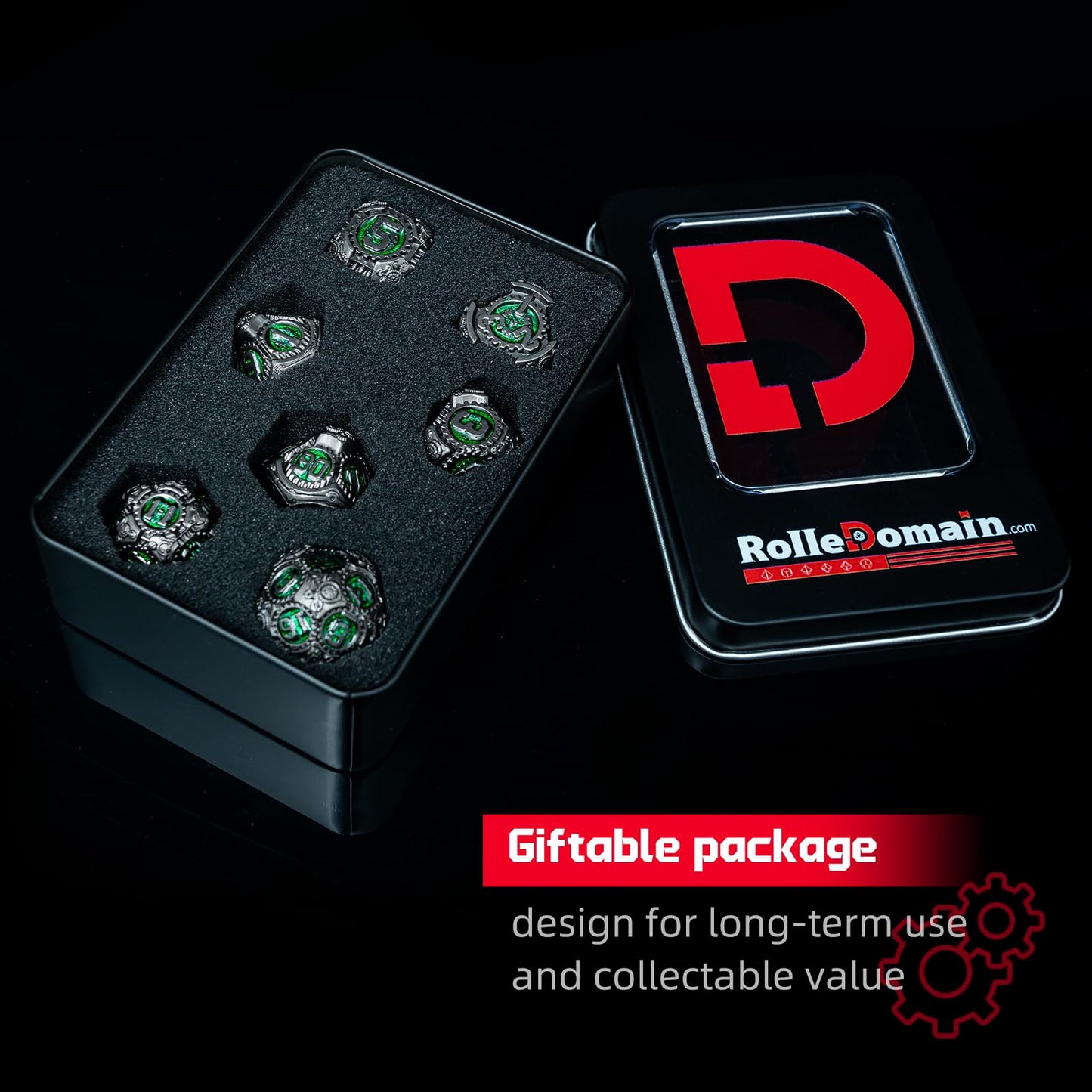 Rolledomain Metal DND Dice Set, Green Steampunk Machinist Gear Heavy Metal Dice Set with Gift Case, Dice Gift for D&D DM and Players, Designed for Dungeons and Dragon, MTG, TTRPG Role Playing Games