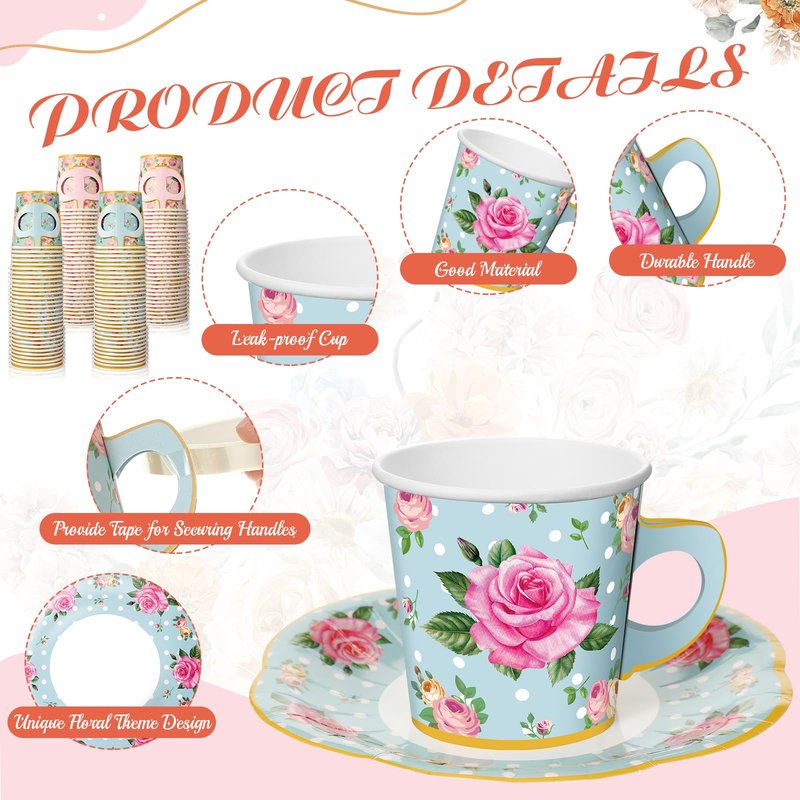 Umigy 60 Sets Mother's Day Tea Party Decorations 9 oz Floral Paper Teacups & Saucer Set for Girls Women Tea Parties Mothers Day Bridal Shower Wedding Birthday Party Decorations(Pink, Blue)