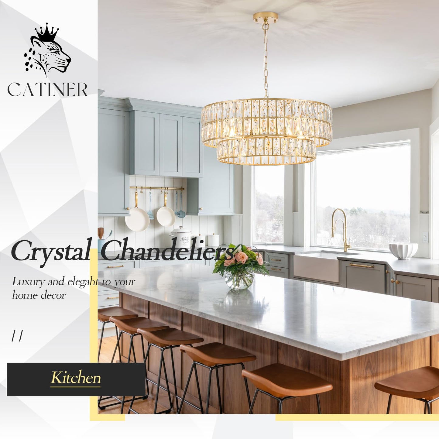 CATINER 24'' Modern Crystal Chandelier 8-Lights Luxury Gold Semi Flush Mount Ceiling Light Fixtures Round Crystal Pendant Chandelier for Living Room Dining Room Foyer Bedroom Kitchen