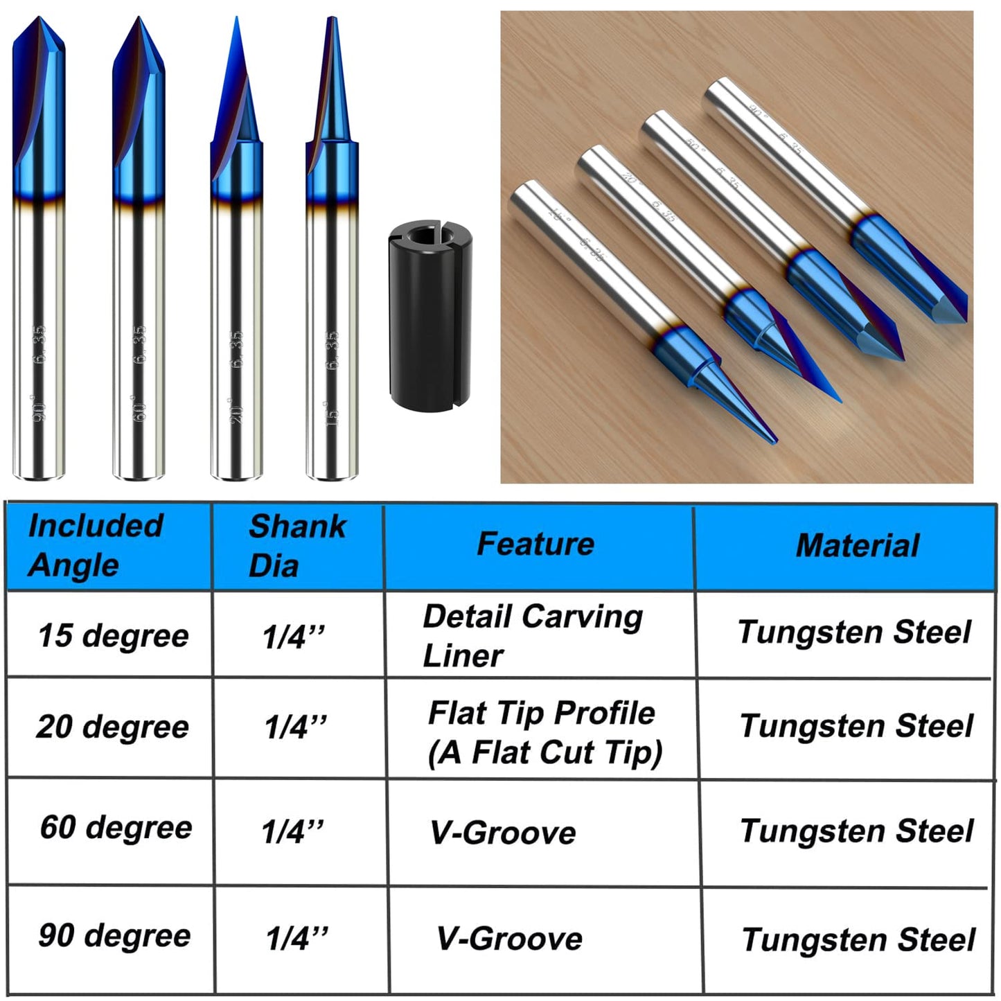 Helovmine Engraving Bits 15, 20, 60, 90 Degree CNC Wood Carving Router Bit Set with Nano Blue Coated, Marking Conical Engraving Router Tool , 2 Flutes Tungsten Steel Straight CNC V-bit 1/4 Inch Shank
