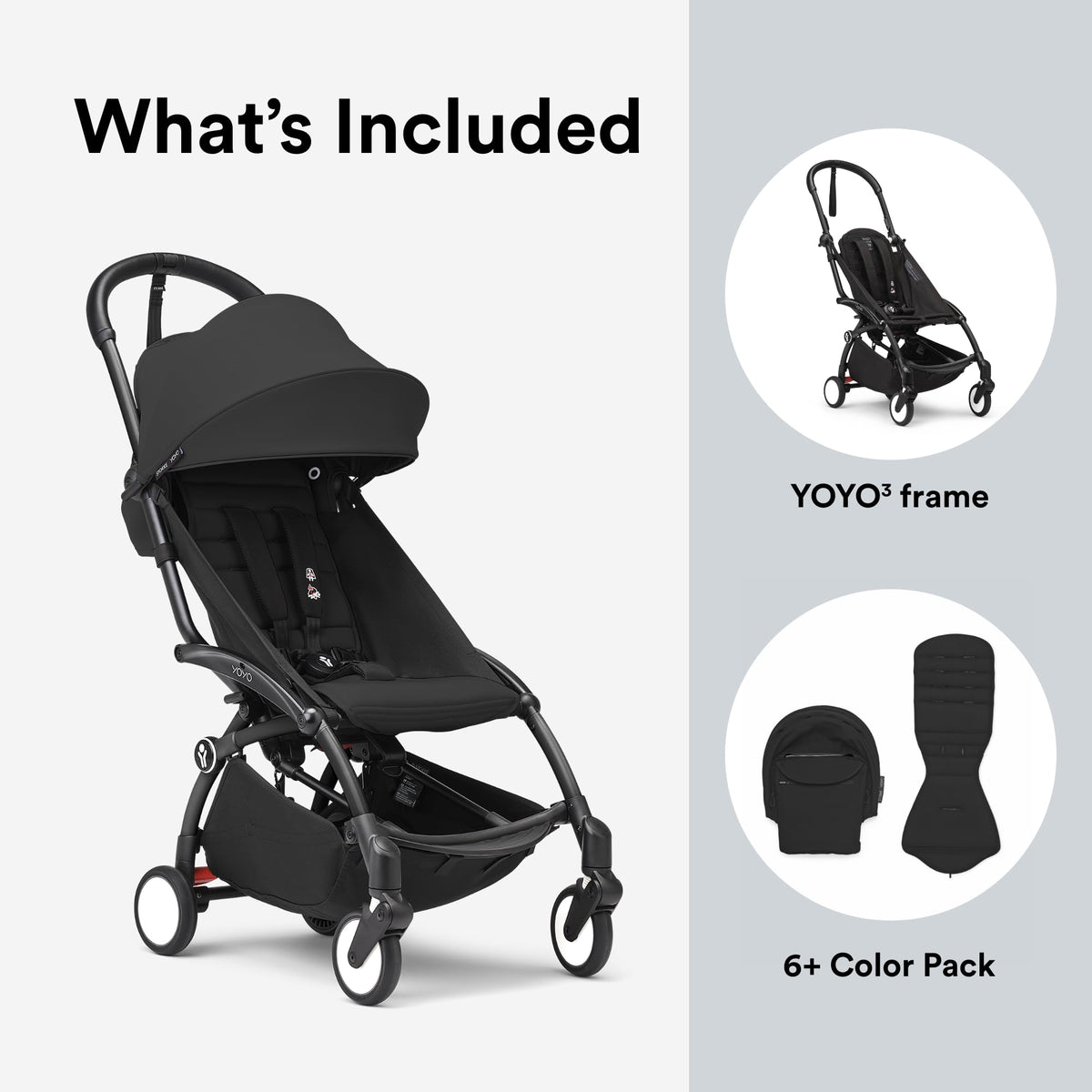 Stokke YOYO3 Stroller from 6 Months - Includes Black Frame, Seat Cushion & Canopy - Folds in & Out in a Flash - Light & Compact - Carry-On Compatible