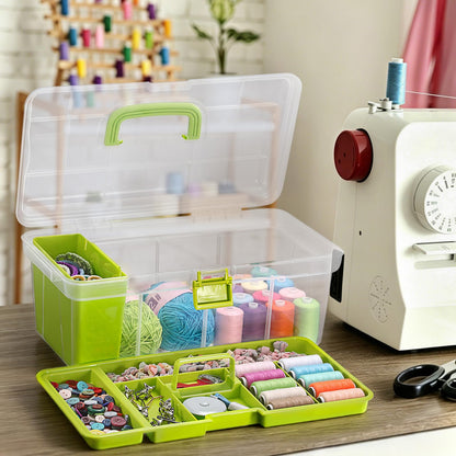 BTSKY 15 Inch Large Capacity Portable Clear Sewing Storage Box - with Removable Compartment Tray, Multi-Layer Sorting Organizer for Thread/Buttons/Tools/Craft DIY, Green