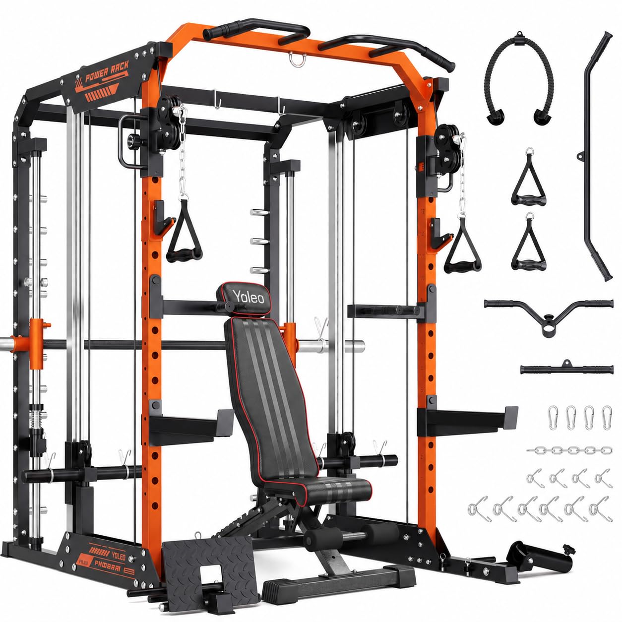 YOLEO Smith Machine with Independent Dual-Pulley System, 1800LBS Adjustable Cable Crossover Squat Rack, Multi-Functional Power Cage for Home Gym with More Workout Equipment LAT Pulldown Bar & Dip Bar