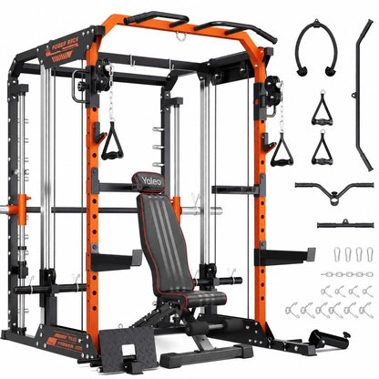 YOLEO Smith Machine with Independent Dual-Pulley System, 1800LBS Adjustable Cable Crossover Squat Rack, Multi-Functional Power Cage for Home Gym with More Workout Equipment LAT Pulldown Bar & Dip Bar