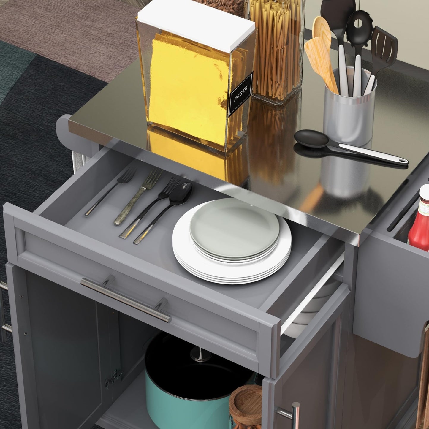 GOWE Kitchen Island on Wheels, Rolling Kitchen Cart with Stainless Steel Countertop, Drawer, Towel Rack and Spice Rack, Utility Storage Trolley, Gray