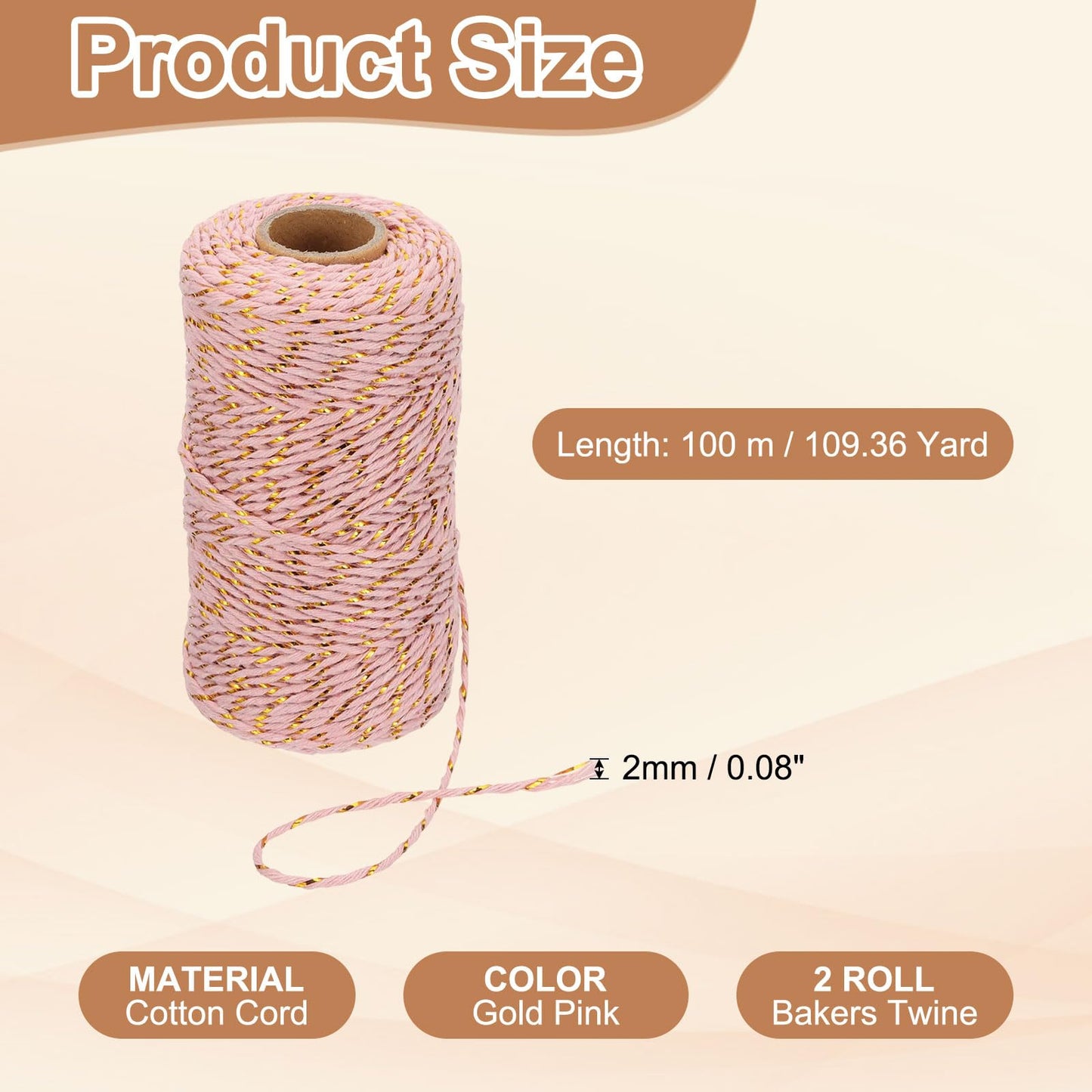 PATIKIL 2mm x 109 Yard Cotton Butcher Twine, 2 Roll Cotton Bakers Twine String Rope Cord for Gift Wrapping Arts Crafts Party Decorations Gardening, Golden Pink
