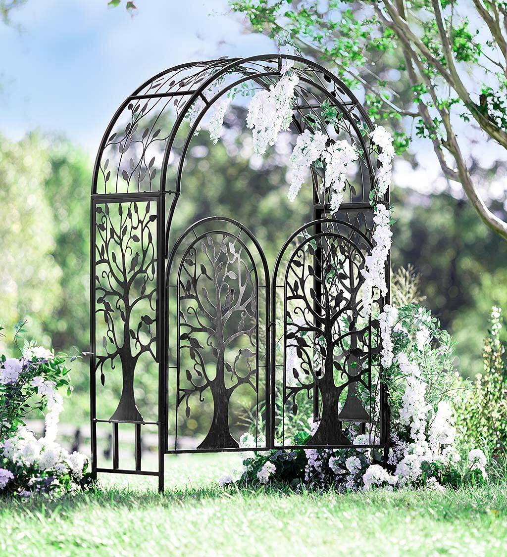 Plow & Hearth Metal Tree of Life Arched Garden Arbor with Gate | 7 feet Tall Laser-Cut Design | Plant Support for Heavy Vines | Landscape Focal Point | Iron Steel