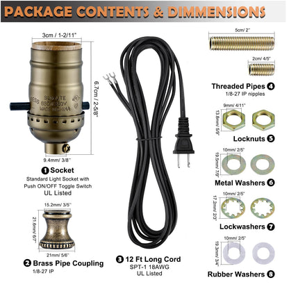Lamp Rewire Kit,Lamp Socket Replacement Kit,Antique Brass Light Socket with Matching Electric Cord Set,DIY Lamp Making Kit Lamp Wiring Kit with All Essential Hardware (Bronze, 1)