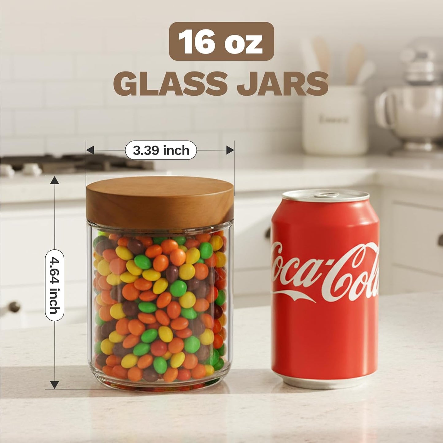 16 oz 4-Pack Bumobum Overnight Oats Containers with Lids, Glass Mason Jars with Acacia Wood Airtight Lid, Wide Mouth
