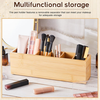 Jetec Wooden Pencil Pen Holder for Desk 6 Compartments Cosmetic Makeup Brush Stationery Office Desktop Organizers for Countertop Adjustable Silverware Caddy for Party, Art Supplies,Home(Bamboo)
