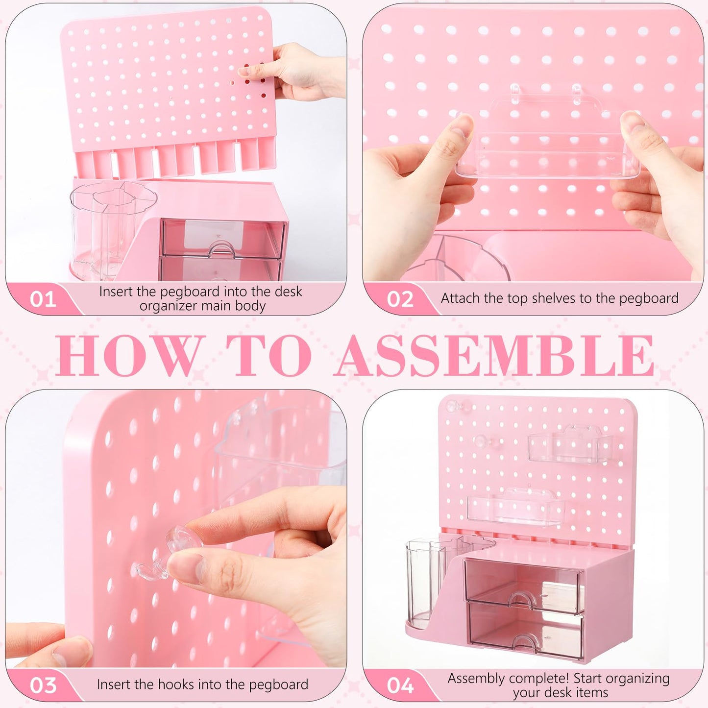 Novabright Desk Organizer with 2 Drawers, Rotating Pen Holder with 5 Slots & Pegboard, Back to School & End of School Year Gifts, Multifunctional Desktop Storage for Desk Home Office Supplies(Pink)
