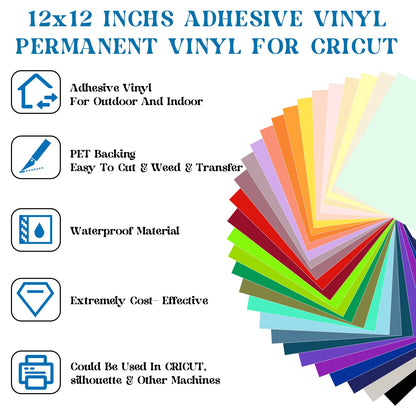 VINYL FROG Permanent Adhesive Vinyl Bundle 70 Pack Adhesive Vinyl Sheets 12''x12'' Permanent VinylPack for Cups DIY Craft Projects