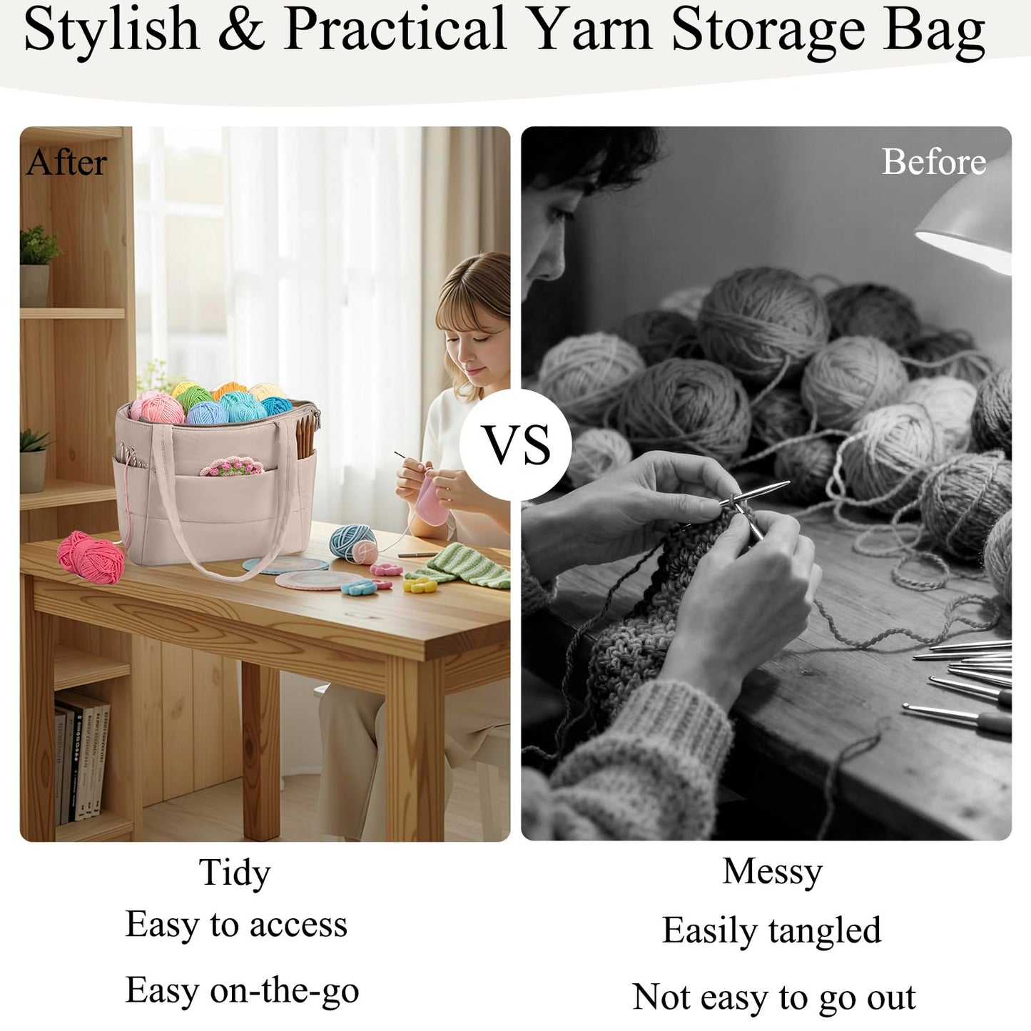 Crochet Bag for Yarn Storage, Puffer Knitting Bag with Soft Handles, Lightweight Yarn Storage Organizer with Zipper for Crochet Accessories, Gifts for Crocheters (Brown)