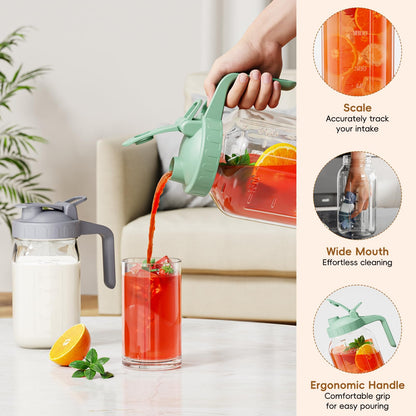 Glass Mason Jar Pitcher, 64 oz Wide Mouth Jug with Pour Spout Handle Lid for Cold Brew Coffee, Ice Beverage, Iced Juice, Lemonade, Sun Tea, Fruit Drinks Container(Pink)