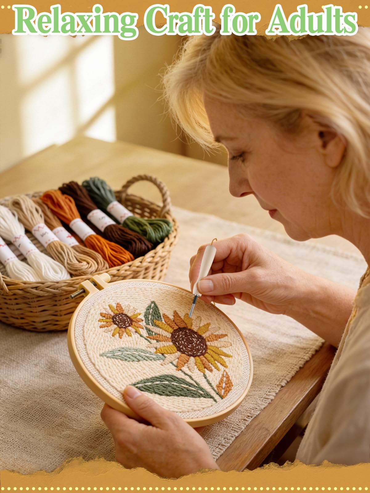 Punch Needle Kit Adults Beginner - Step-by-Step Video & Guide, Includes Hoop/Needle/Yarns/Punch Needle Fabric with Pattern, Spring Embroidery Craft Gifts for Women, Sunflower