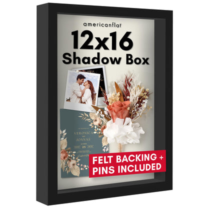 Americanflat 12x16 Shadow Box Frame with Polished Plexiglass - Silhouette Collection - Large Shadow Box Display Case for Tabletop and Wall Display - Black with Soft Felt Back