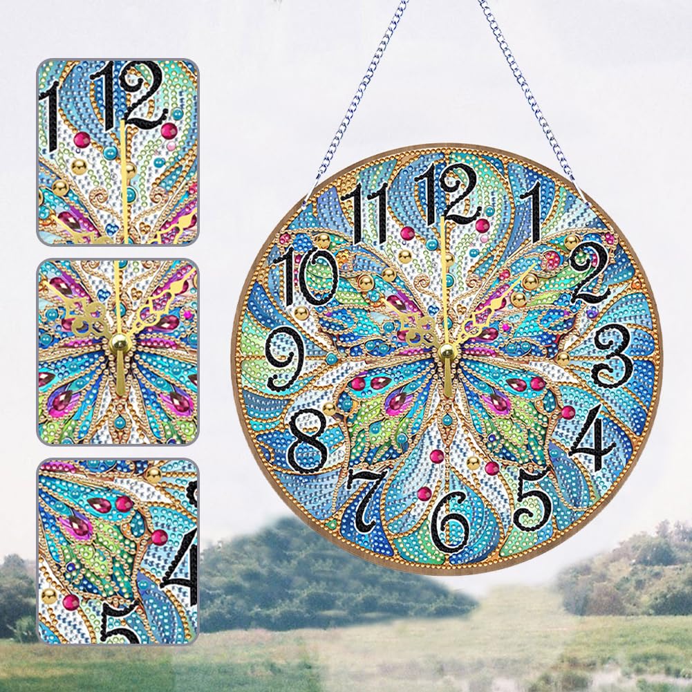 POETRYDRAW DIY 5D Wooden Diamond Painting Clock Kits for Adults Butterfly Art Wall Clock Crystal Rhinestone Diamond Painting by Number Mosaic Art Crafts Home Wall Decor