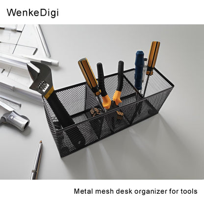 Metal Mesh Pencil Holder, Spacious 3-Compartment Desk Organizer for Pens, Makeup Brushes, Utensils, Multipurpose Office, School ,Kitchen, Home Desktop Storage, 10.43 x 3.35 x 4.04 Inches, Black