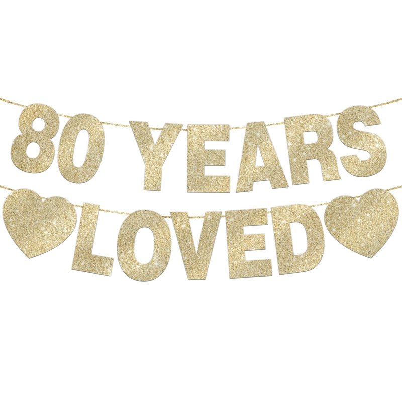 80 Years Loved Banner for 80th Birthday Decorations for Men Women Pre-Strung Birthday Banner Party Decorations Gold Glitter